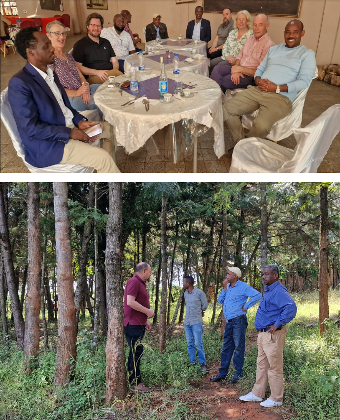 people sitting around a dinner table and out doing field work